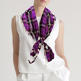 Crochet Drop Fringe Plaid Check Scarf