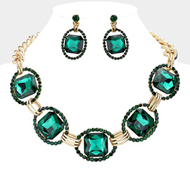 Pave trim glass crystal link necklace