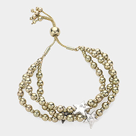 Stone Paved Star Pointed Beaded Triple Layered Pull Tie Cinch Bracelet