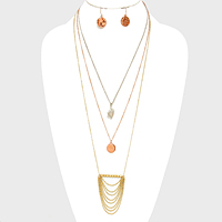 Triple Layer Hammered Metal Disc & Draped Chain Pendant Necklace