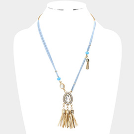 Teardrop Stone Accented Tassel Pendant Necklace