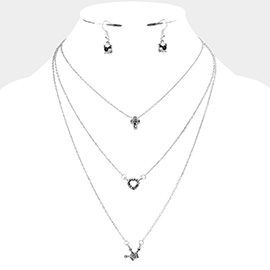 Triple Layer Stone Cross Heart Pendant Necklace