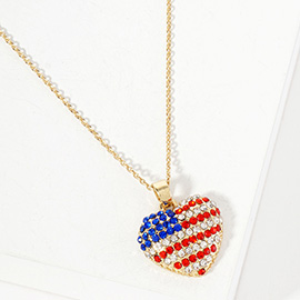 Crystal Paved American USA Flag Heart Pendant Necklace