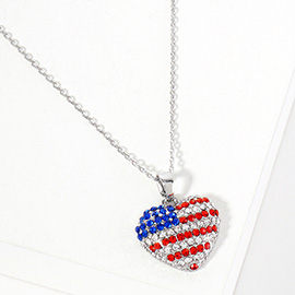 Crystal Paved American USA Flag Heart Pendant Necklace