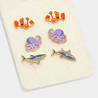 3 Pairs - enamel fish & octopus stud earrings