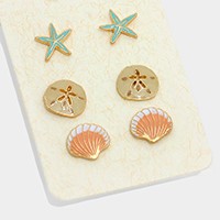 3 Pairs - enamel starfish & sand dollar stud earrings