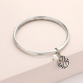 -R- Initial Monogram Pearl Charm Bangle Bracelet