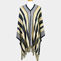 STRIPED FRINGE EDGE PONCHO SWEATER