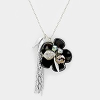 Glass bead detail flower & tassel charm necklace