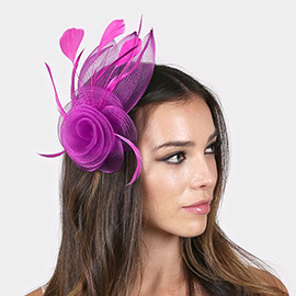 Feather & Mesh Flower Hair Pinch Clip / Brooch