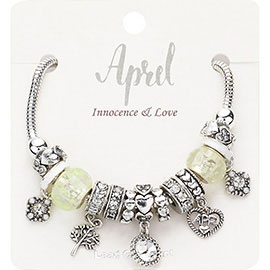 April - Birthstone Heart Charm Multi Beaded Bracelet