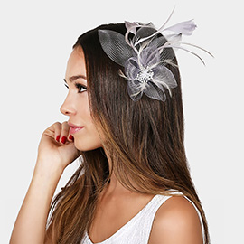 Feather & Mesh Flower Hair Pinch Clip / Brooch