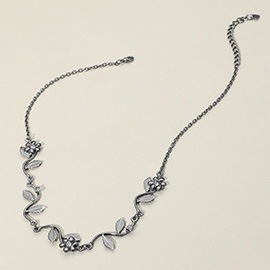 Rhinestone Flower Leaf Metal Necklace