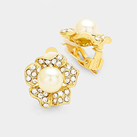 Pave Rhinestone Flower Pearl Clip on Earrings
