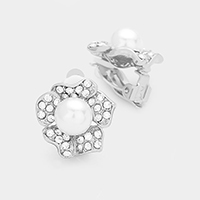 Pave Rhinestone Flower Pearl Clip on Earrings