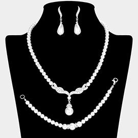 Rhinestone Embellished Pearl Necklace Jewelry Set