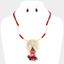 Cord Metal Round Drop Multi Bead Fringe Necklace