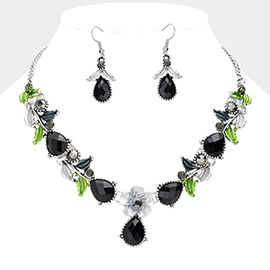 Colored Metal Flower Leaf Teardrop Stone Bib Necklace