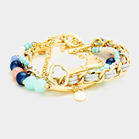 Multi Strand Beaded Metal Key Accented Toggle Bracelet