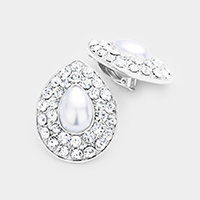Stone Pave Teardrop Pearl Centered Clip on Earrings