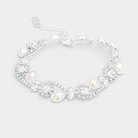 Teardrop Pearl Detail Rhinestone Pave Floral Evening Bracelet