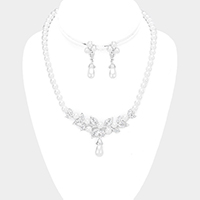 Pearl Accented Rhinestone Leaf Cluster Necklace