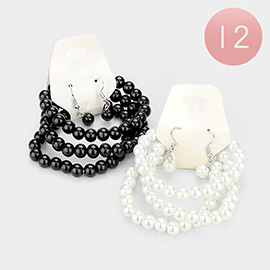 12PCS - Faux Pearl Stretch Bracelet Earring Set