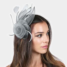 Feather & Mesh Flower Hair Pinch Clip / Brooch