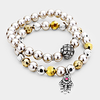 2PCS Pave Hamsa Ball Pearl Beaded Stretch Bracelets