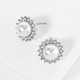Pearl Centered Crystal Pave Trimmed Stud Earrings