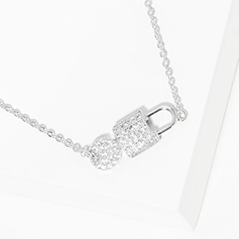 White Gold Dipped CZ Stone Paved Key Lock Pendant Necklace