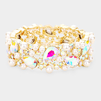Glass Crystal Teardrop Pearl Stretch Bracelet