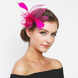 Feather & Mesh Flower Hair Pinch Clip / Brooch