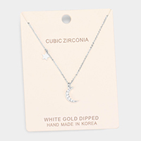 White Gold Dipped Cubic Zirconia Moon Star Pendant Necklace