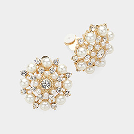 Crystal Clustered Pearl Clip On Earrings