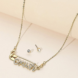 Rhinestone Paved CRUSH Message Pointed Safety Pin Pendant Necklace