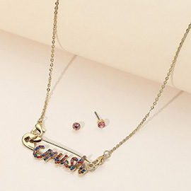 Rhinestone Paved CRUSH Message Pointed Safety Pin Pendant Necklace