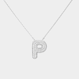 -P- White Gold Dipped CZ Initial Monogram Pendant Necklace