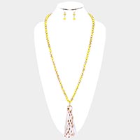 Faux Leather Tassel Faceted Bead Long Necklace