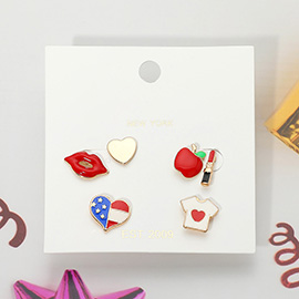 3Pairs - Mixed Enamel Heart Apple Flag Stud Earrings
