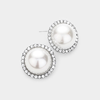 Pearl Rhinestone Pave Trim Stud Earrings 
