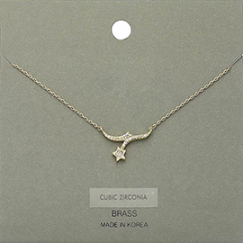 Brass Metal CZ Stone Paved Shooting Star Pendant Necklace