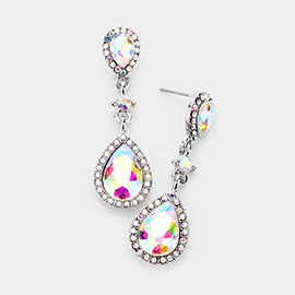 Double Teardrop Stone Accented Dangle Evening Earrings