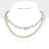 Layered Rhinestone Metal Chain Link Necklace