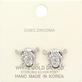White Gold Dipped CZ Cubic Zirconia Viking Face Stud Earrings