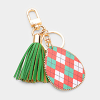 Argyle Check Print Faux Leather Teardrop Tassel Keychain