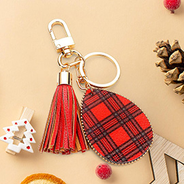 Tartan Check Print Faux Leather Teardrop Tassel Keychain / Bag Charm