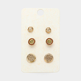 3Pairs - Cut Out Metal Bubble Stone Round Stud Earrings