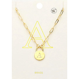 -A- Brass Metal Initial Monogram Lock Pendant Necklace