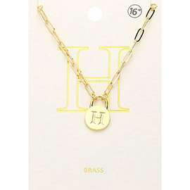 -H- Brass Metal Initial Monogram Lock Pendant Necklace